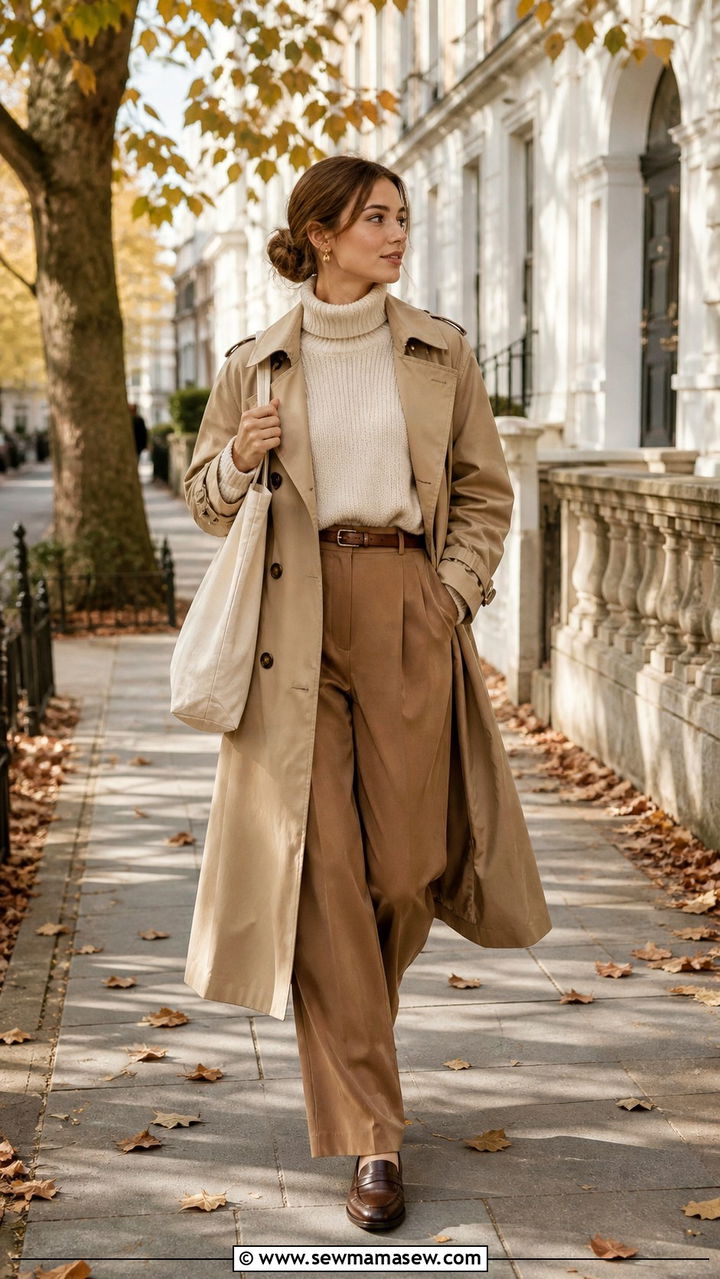 Beige trench coat with turtleneck and wide leg trousers outfit - 40 light academia outfits