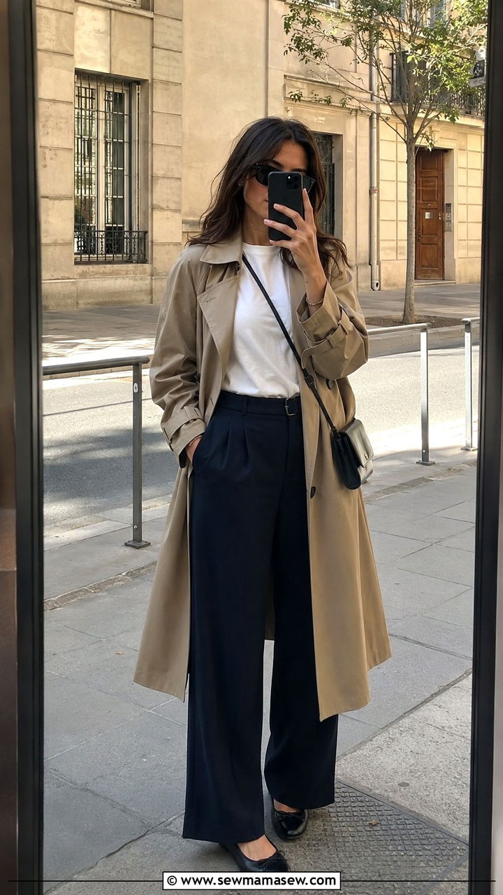 Beige trench coat with white tee and ballet flats outfit - 25 Quiet luxury on a budget outfit ideas