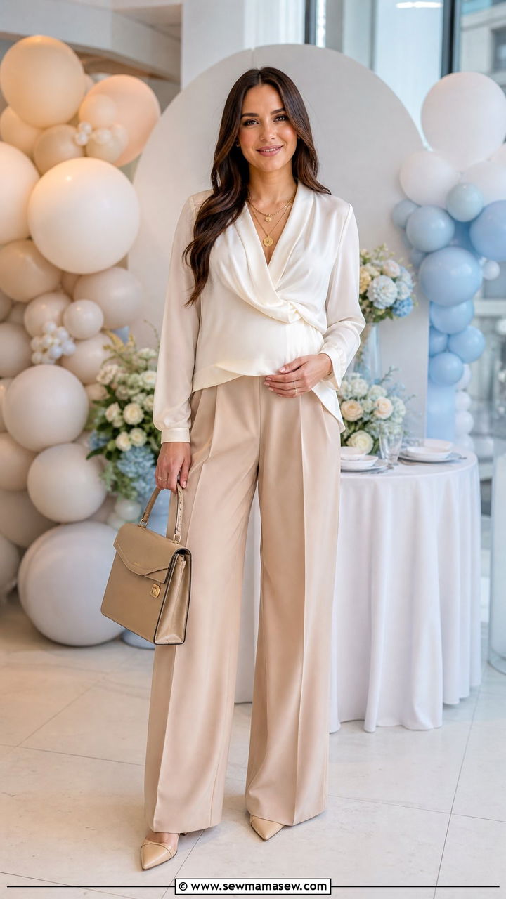 Beige trousers and flowing top for gender reveal - 25 Gender reveal outfit ideas