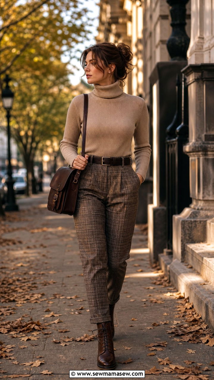 Beige turtleneck and plaid trousers - 25 dark academia outfits inspo