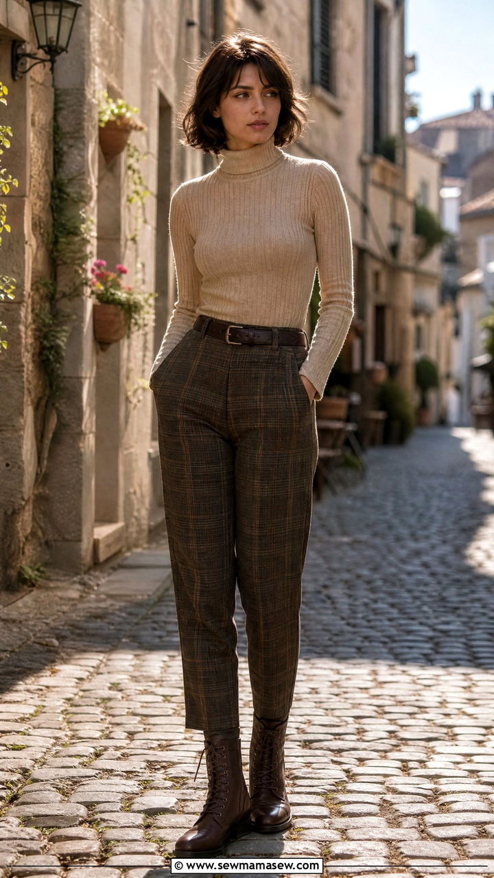 Beige turtleneck and plaid trousers - 25 classy dark academia outfits