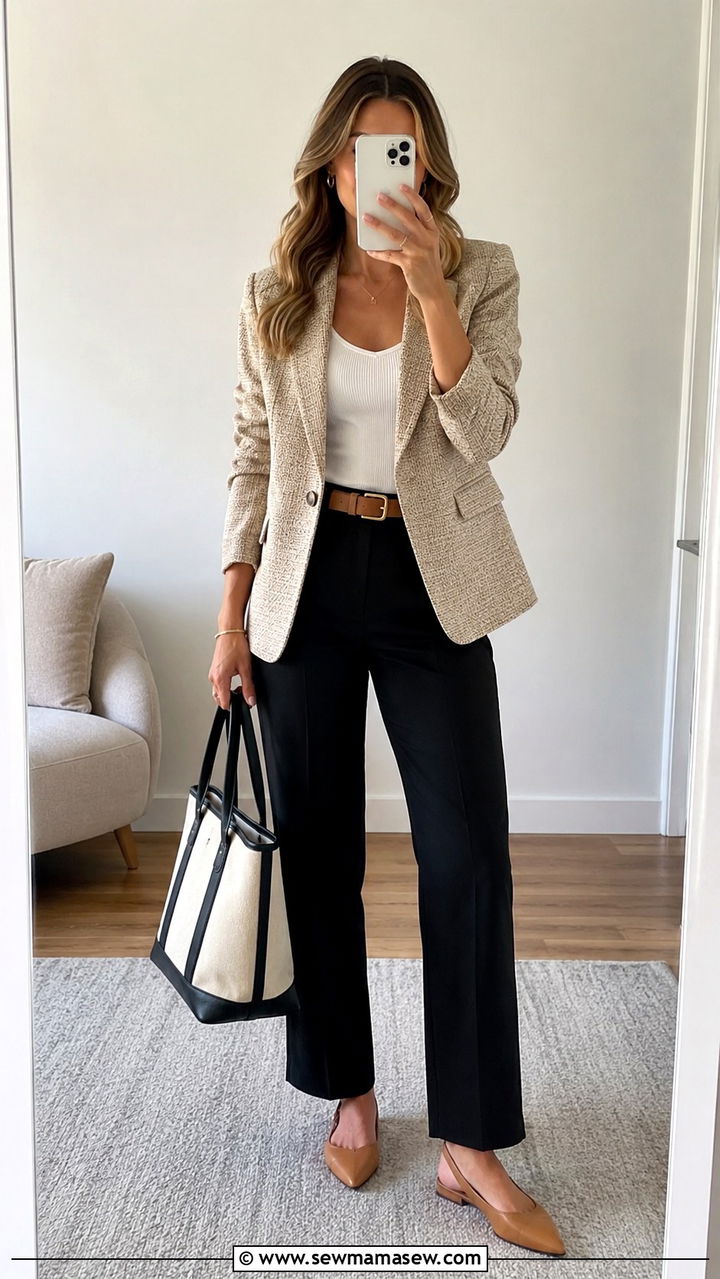 Beige tweed blazer work outfit - 30 Tweed blazer outfit ideas for work