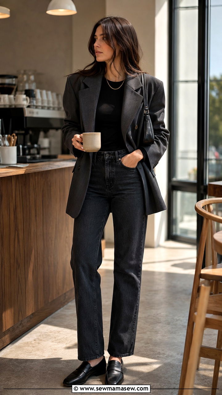 Beige utility jacket with white crewneck and black jeans - 20 Architect outfit ideas