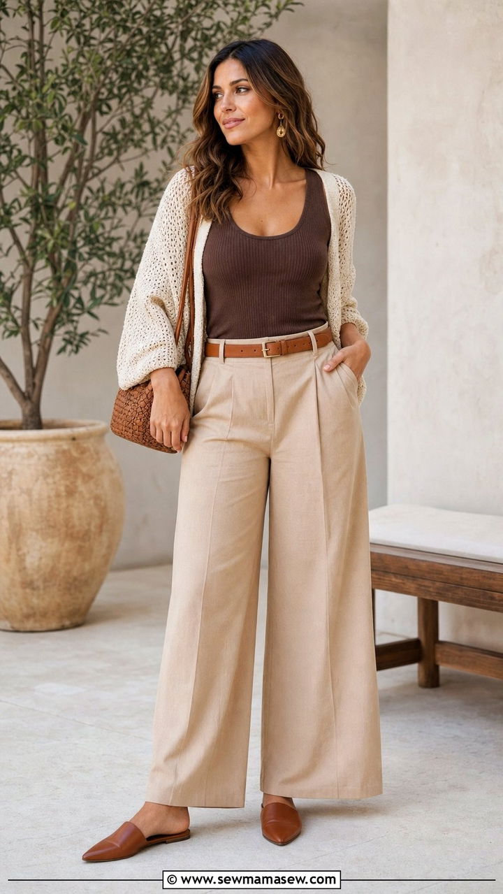 Beige wide leg pants outfit - 35 beige outfit ideas for women