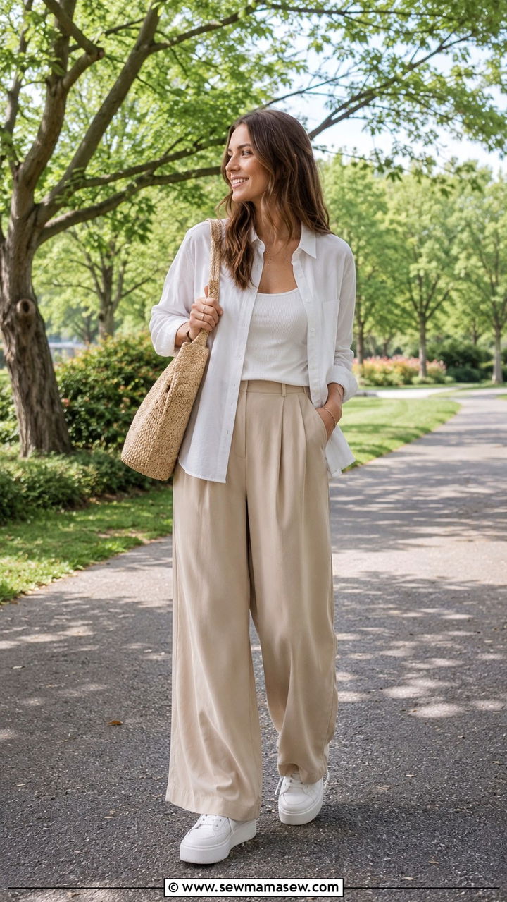 Beige wide leg pants with platform sneakers outfit - 25 Wide leg pants outfit ideas with sneakers