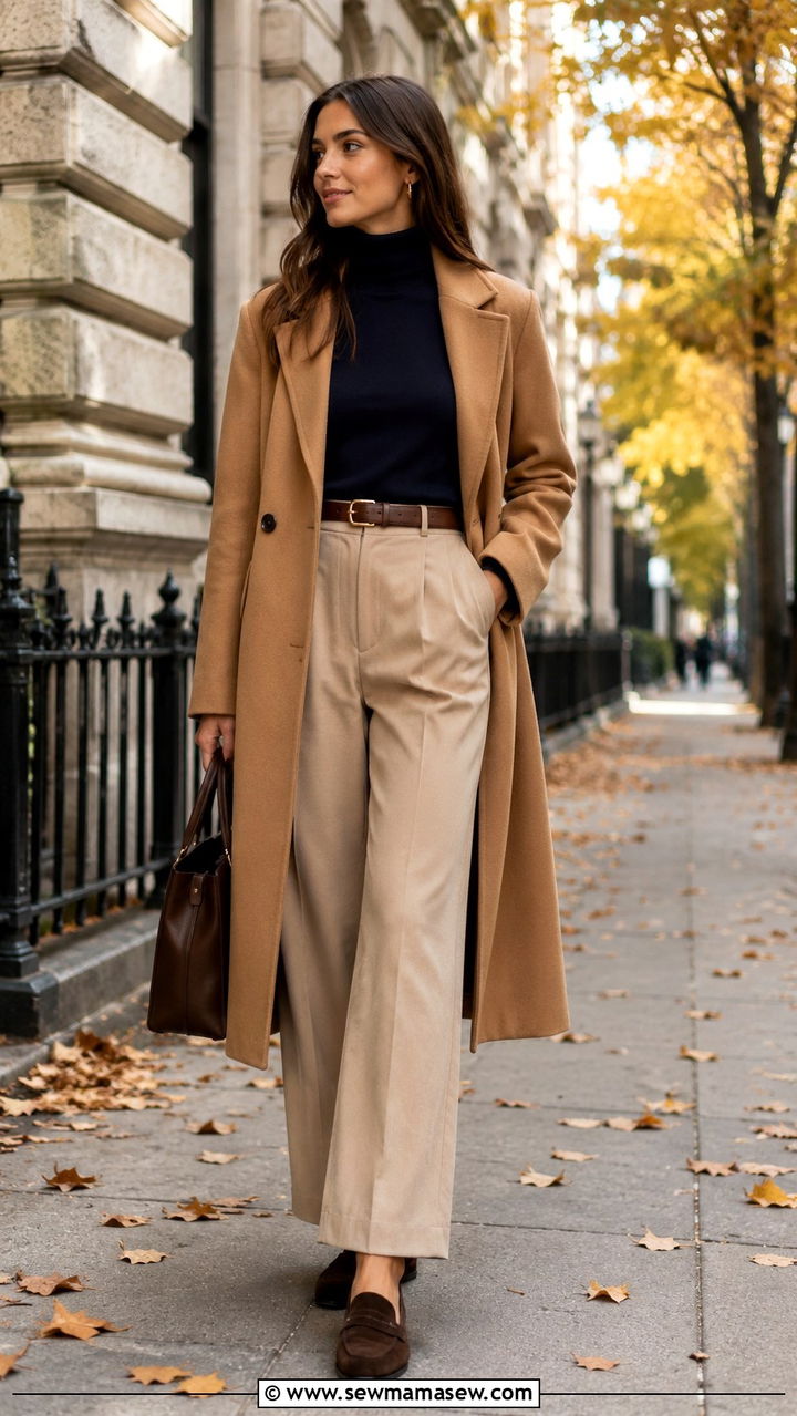 Beige wide leg trousers with navy turtleneck - 30 modest job interview outfit ideas