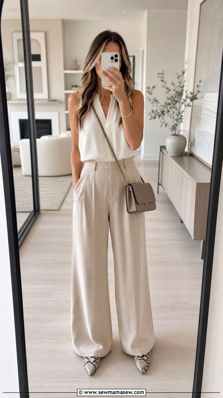 Beige wide leg trousers with sleeveless blouse outfit - 30 Summer outfit ideas for realtor
