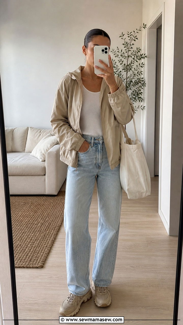 Beige windbreaker and straight leg jeans outfit - 40 windbreaker outfits