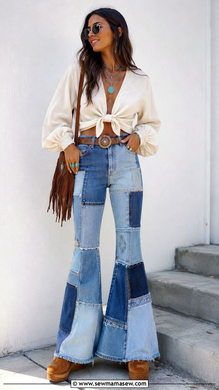 Bell Bottom Denim With Patchwork Details And Suede Clogs - 20 Boho outfit ideas Chloe runway style