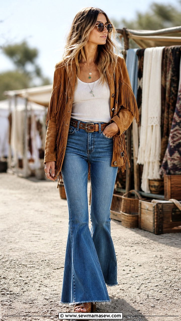 Bell Bottom Jeans With Fringe Suede Jacket - 20 60s outfit ideas 2026