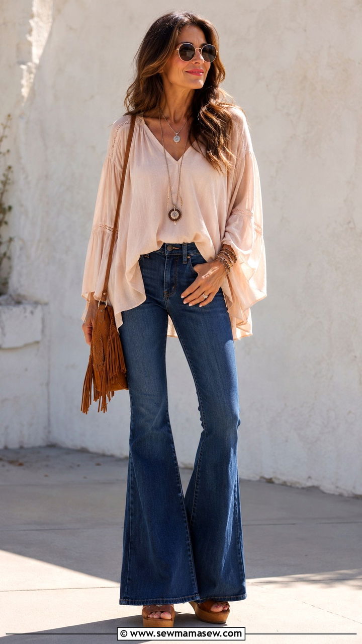 Bell Bottom Jeans and Flowy Tunic Top - 30 boho chic outfit ideas for women over 40