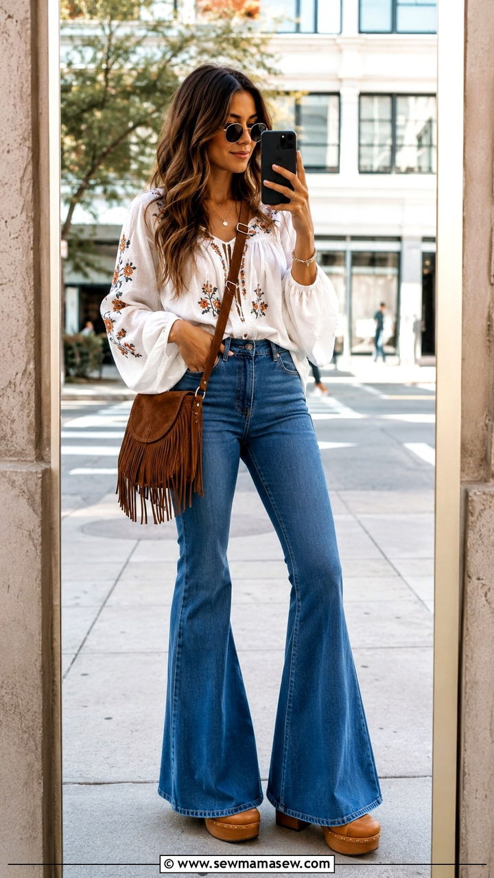 Bell Bottom Jeans with Embroidered Blouse - 30 classy boho chic outfit ideas