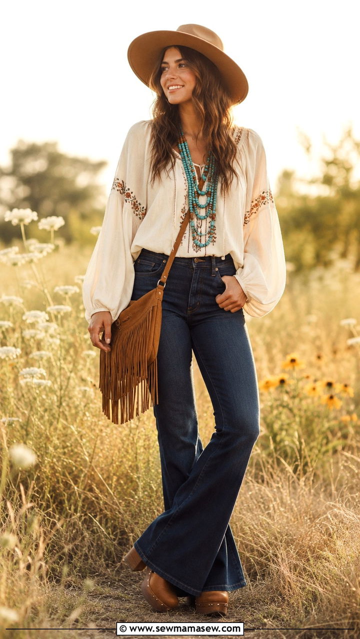 Bell Bottom Jeans with Embroidered Peasant Blouse - 30 classy boho chic outfits