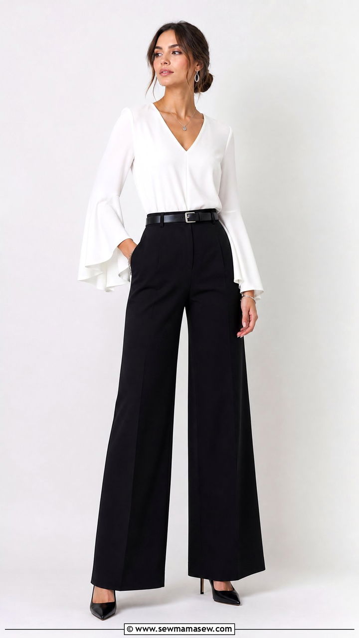Bell Sleeve Blouse With Tailored Wide Leg Pants - 25 Outfit ideas to flatter arms
