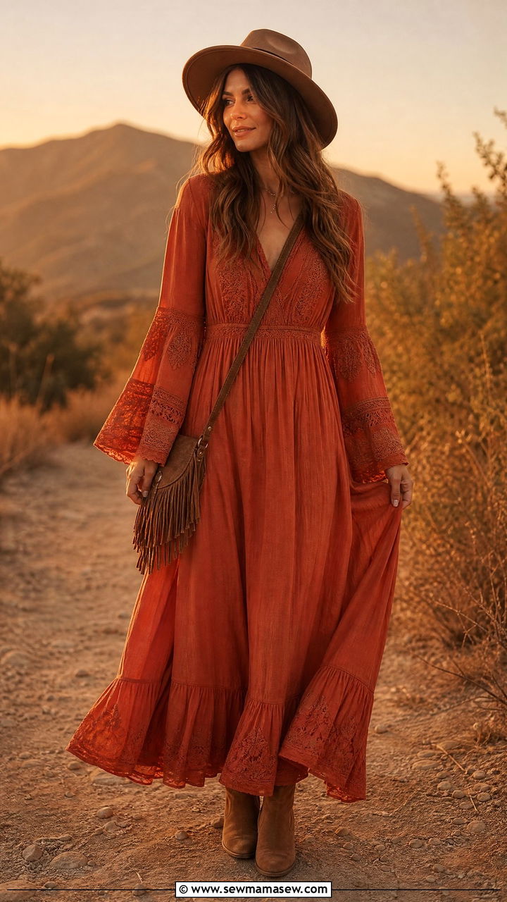 Bell Sleeve Maxi Dress And Suede Ankle Boots - 30 Maxi dress with sleeves outfit ideas