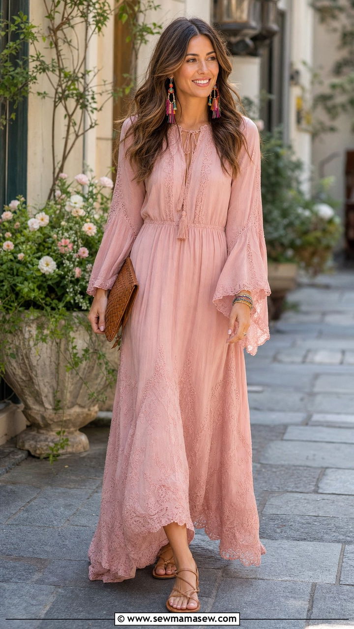 Bell Sleeve Maxi Dress with Tassel Earrings - 35 Boho wedding guest outfits