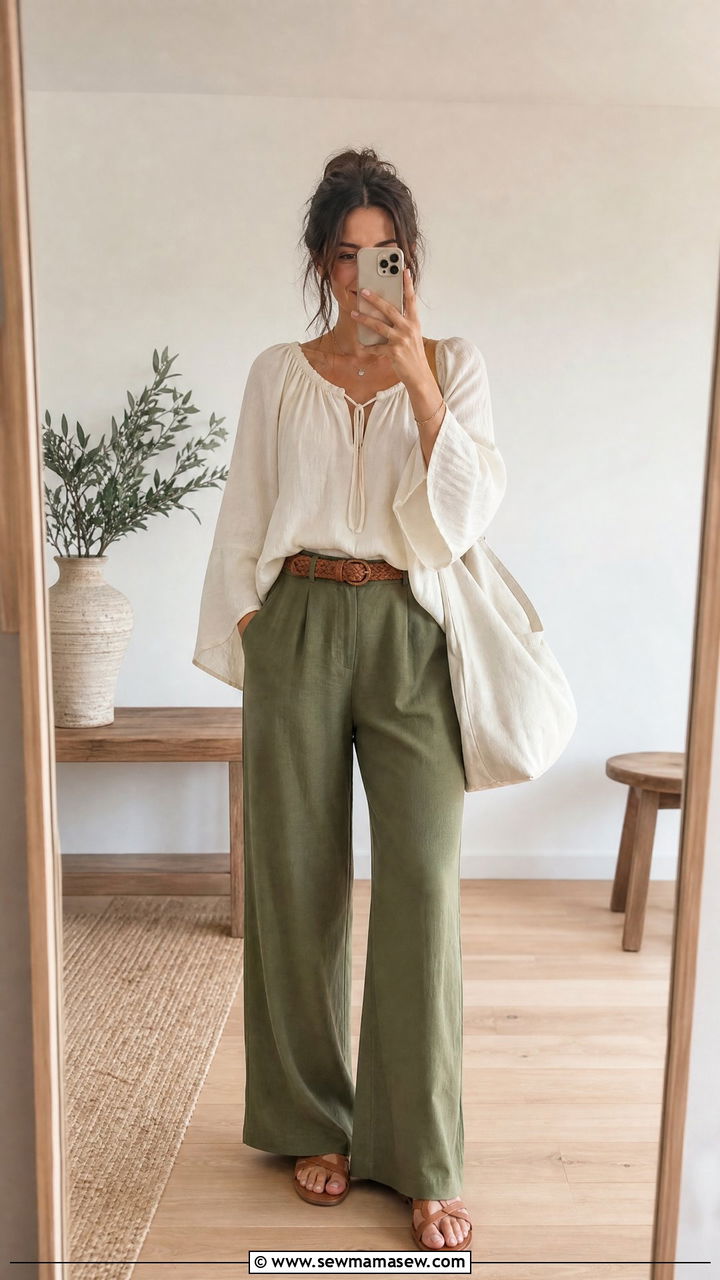 Bell Sleeve Peasant Blouse with Wide Leg Trousers - 35 Hippie outfit ideas