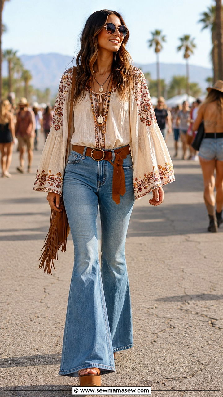 Bell Sleeve Peasant Top and High Waisted Flare Jeans - 30 Boho outfit ideas for festival