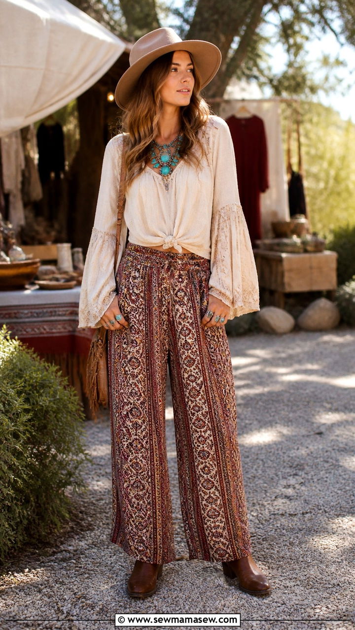 Bell Sleeve Top with Boho Printed Palazzo Pants - 40 palazzo pants outfit ideas