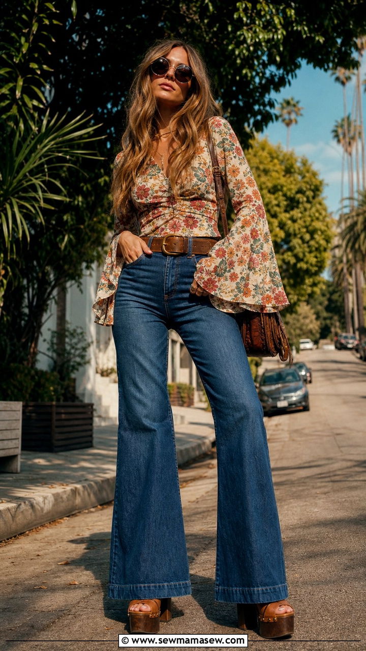 Bell Sleeve Top with Flared Jeans and Platform Shoes - 25 cute boho chic outfits