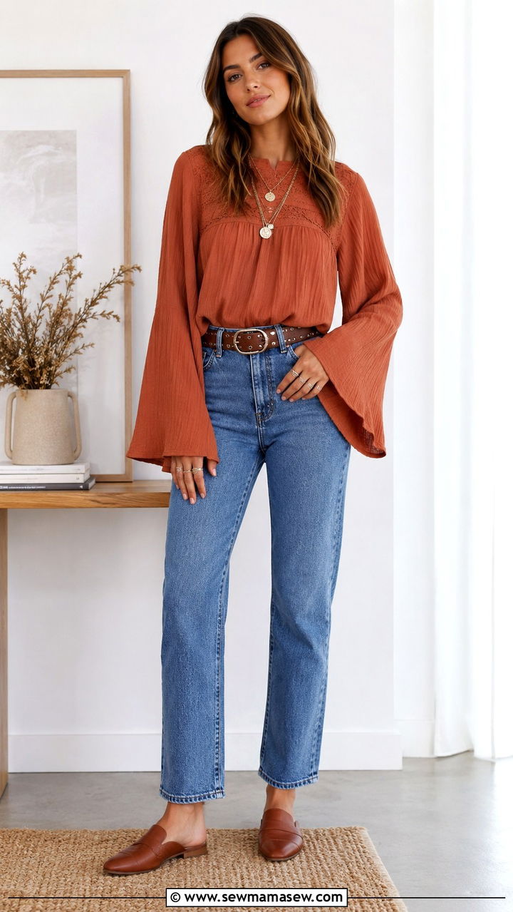 Bell sleeve top with high waisted jeans - 25 Boho outfit ideas with jeans