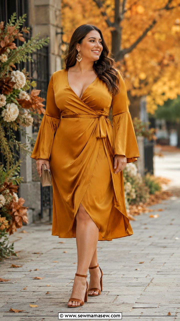 Bell sleeve wrap dress outfit for big bust wedding guest - 20 Wedding guest outfit ideas big bust