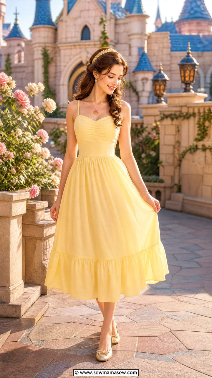 Belle Inspired Yellow Sundress With Rose Accessories And Ballet Flats - 40 Disney trip outfit ideas