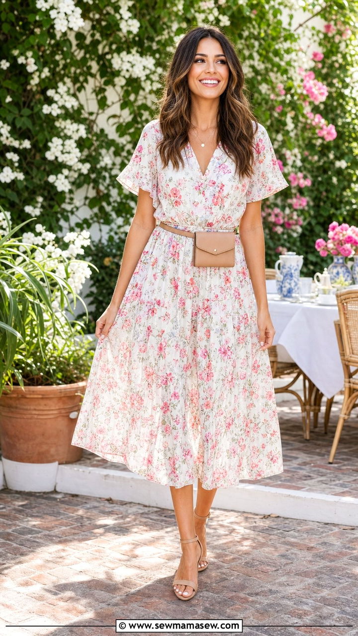 Belt bag cinching a midi dress with strappy sandals - 35 Belt bag outfit ideas