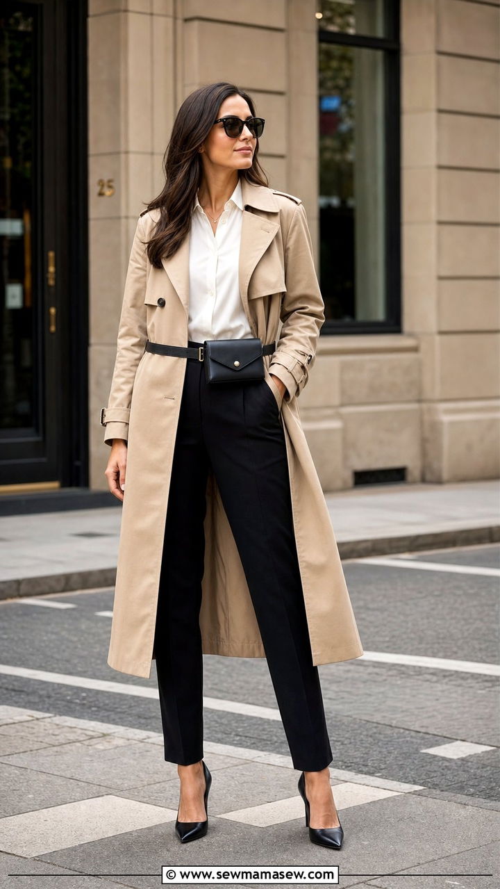 Belt bag over a trench coat with tailored trousers - 35 Belt bag outfit ideas