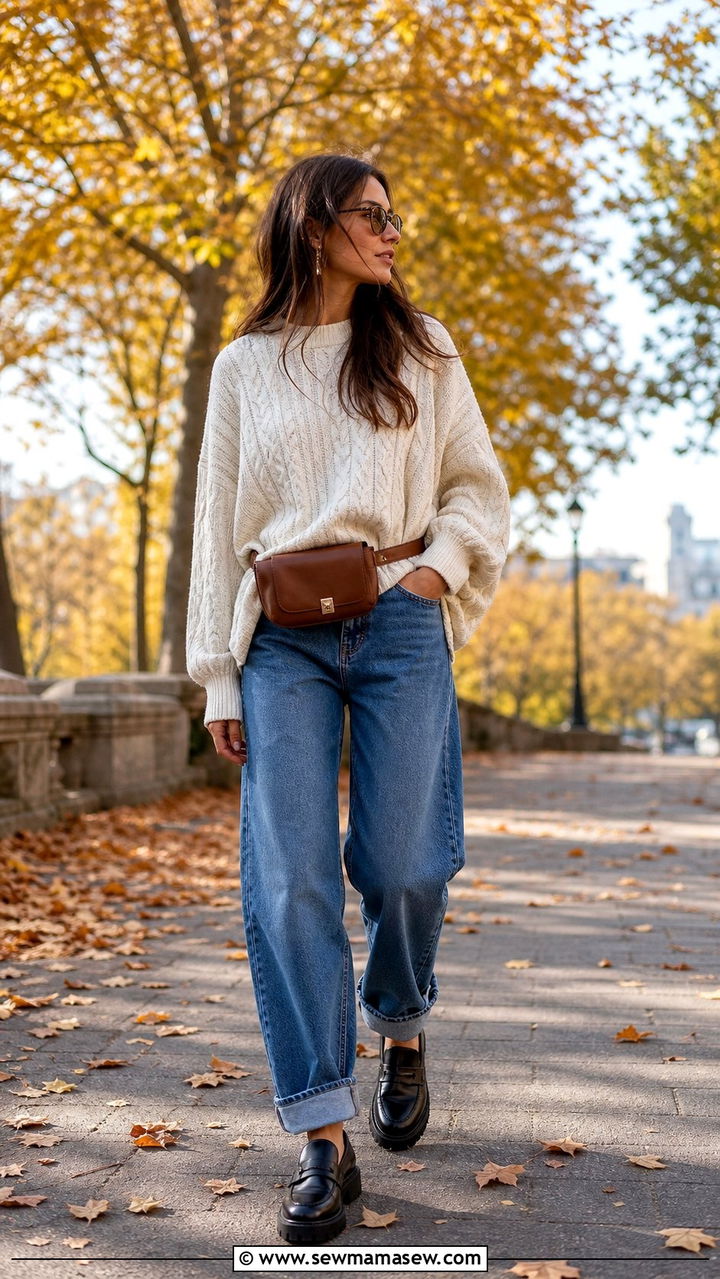 Belt bag with a chunky sweater and barrel leg jeans - 35 Belt bag outfit ideas