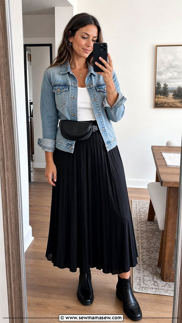 Belt bag with a denim jacket and maxi skirt - 35 Belt bag outfit ideas