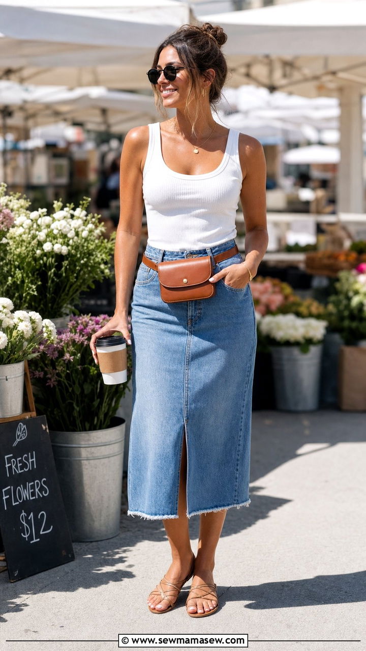 Belt bag with a denim skirt and tank top - 35 Belt bag outfit ideas