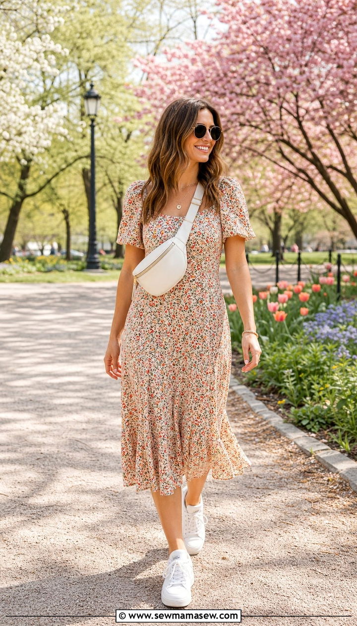 Belt bag with a floral midi dress and white sneakers - 35 Belt bag outfit ideas