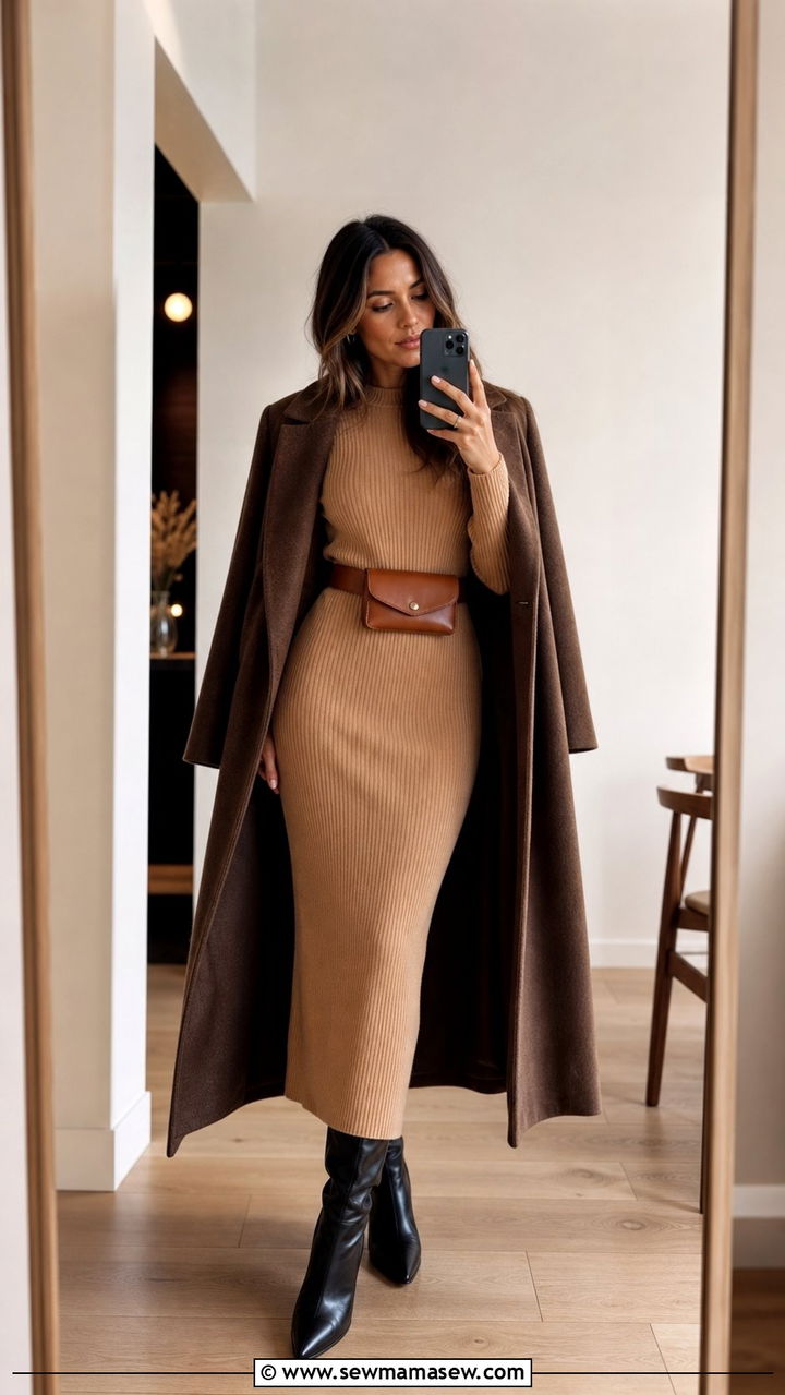 Belt bag with a knit dress and knee high boots - 35 Belt bag outfit ideas