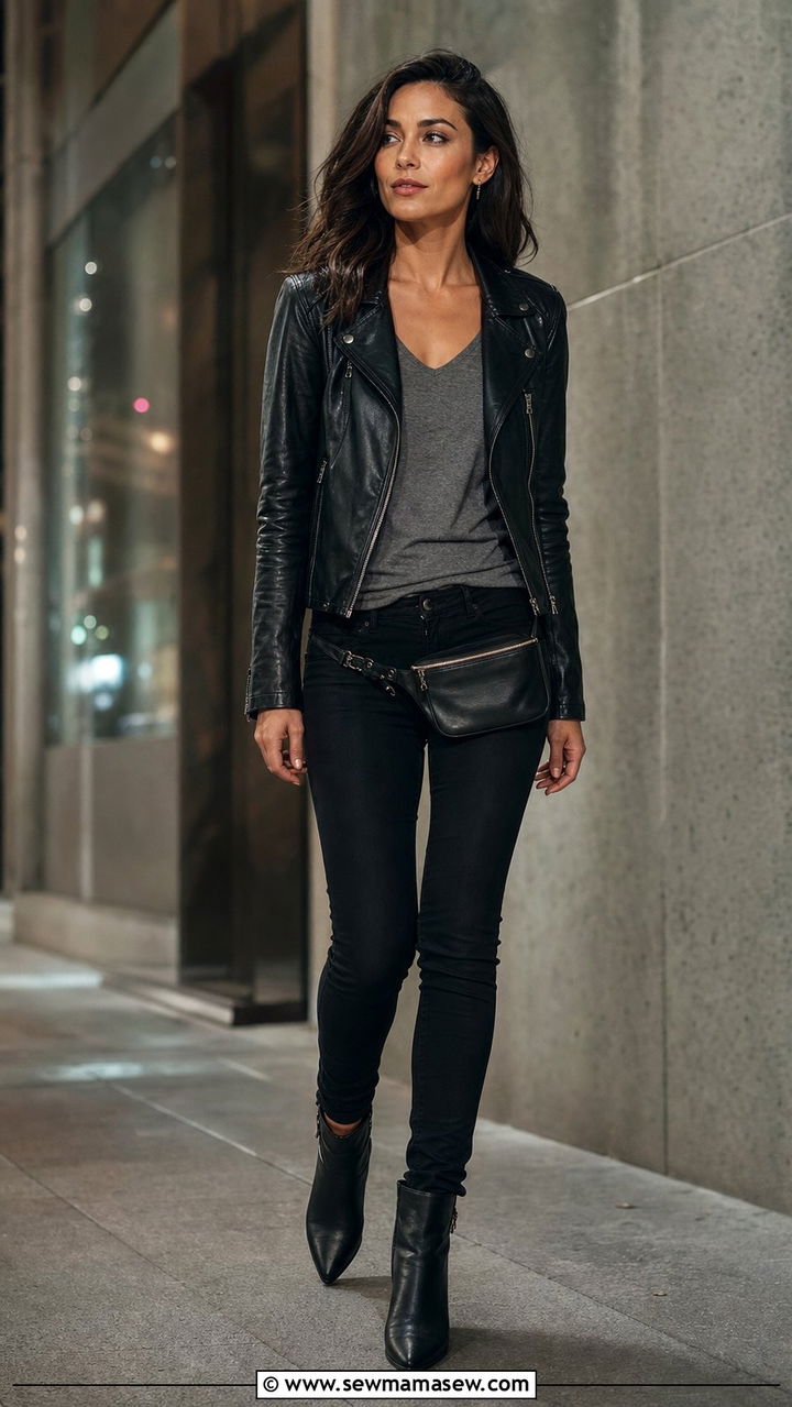 Belt bag with a leather jacket and skinny jeans - 35 Belt bag outfit ideas