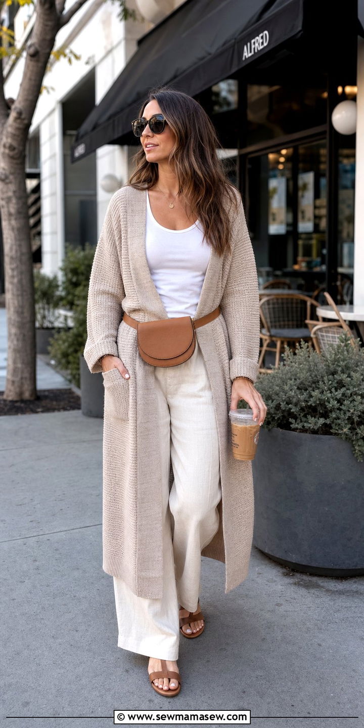 Belt bag with a long cardigan and linen pants - 35 Belt bag outfit ideas