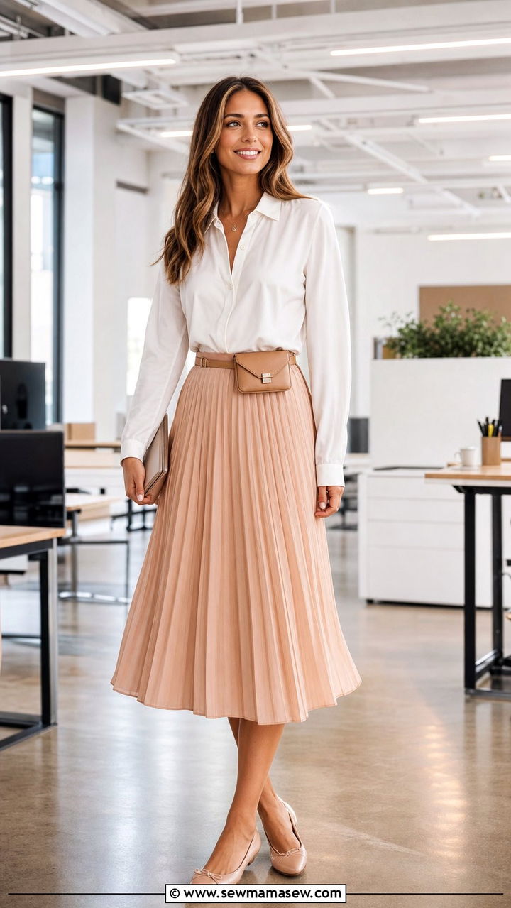 Belt bag with a pleated midi skirt and tucked in blouse - 35 Belt bag outfit ideas