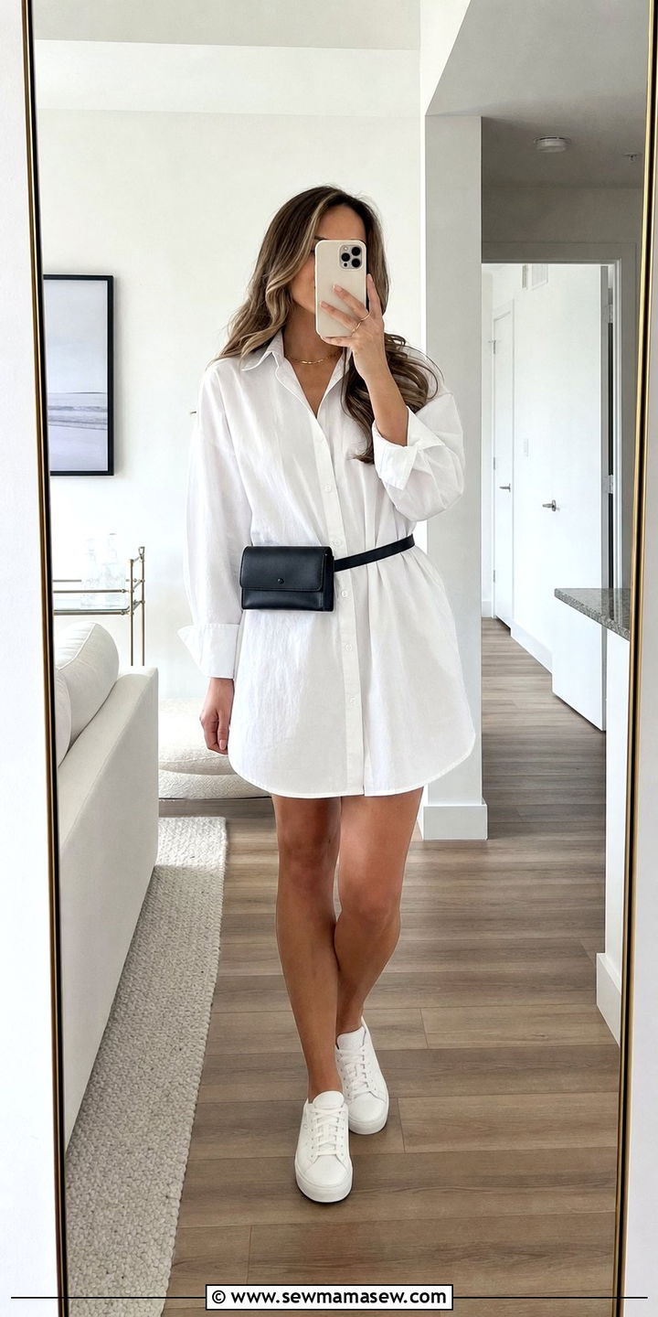 Belt bag with an oversized button down shirt dress - 35 Belt bag outfit ideas