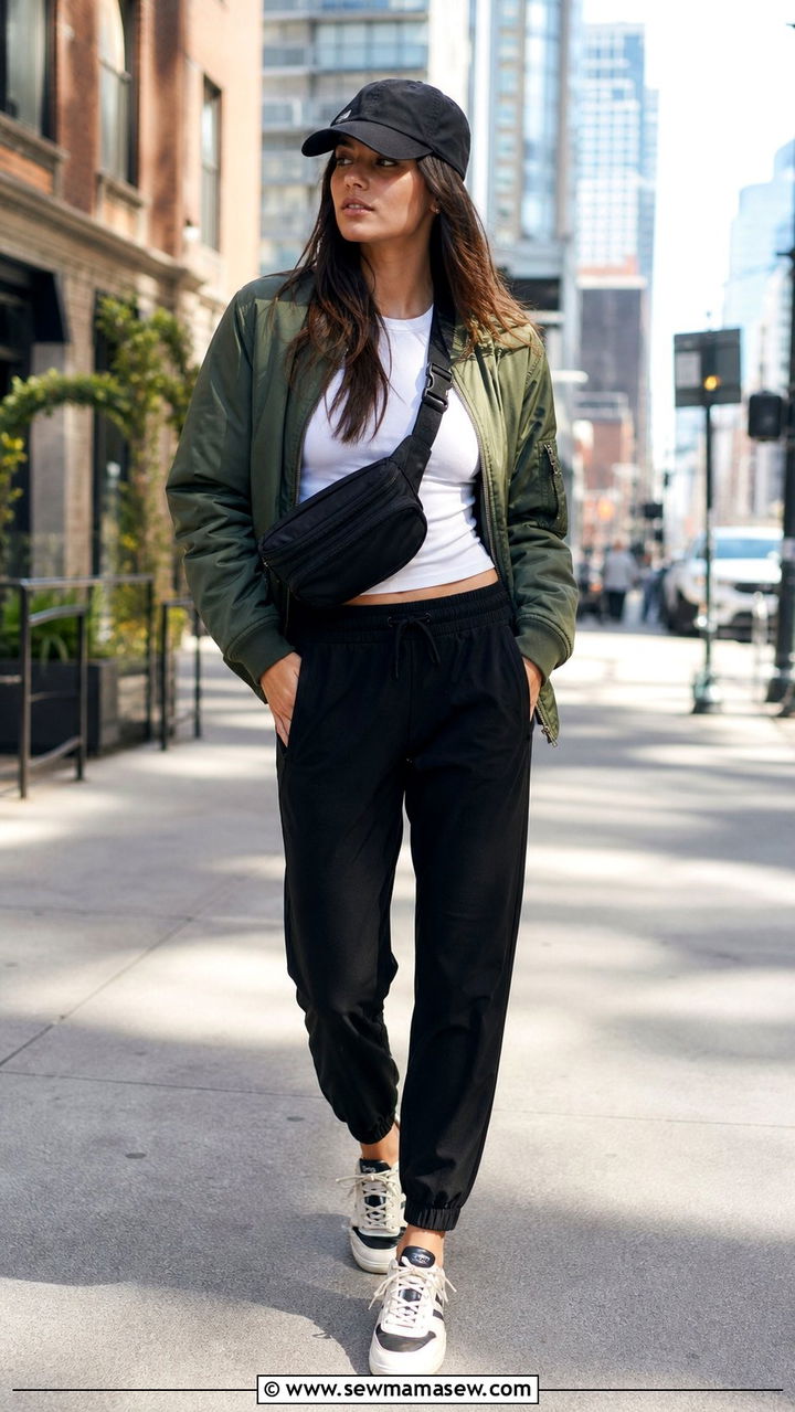 Belt bag with joggers and a bomber jacket - 35 Belt bag outfit ideas