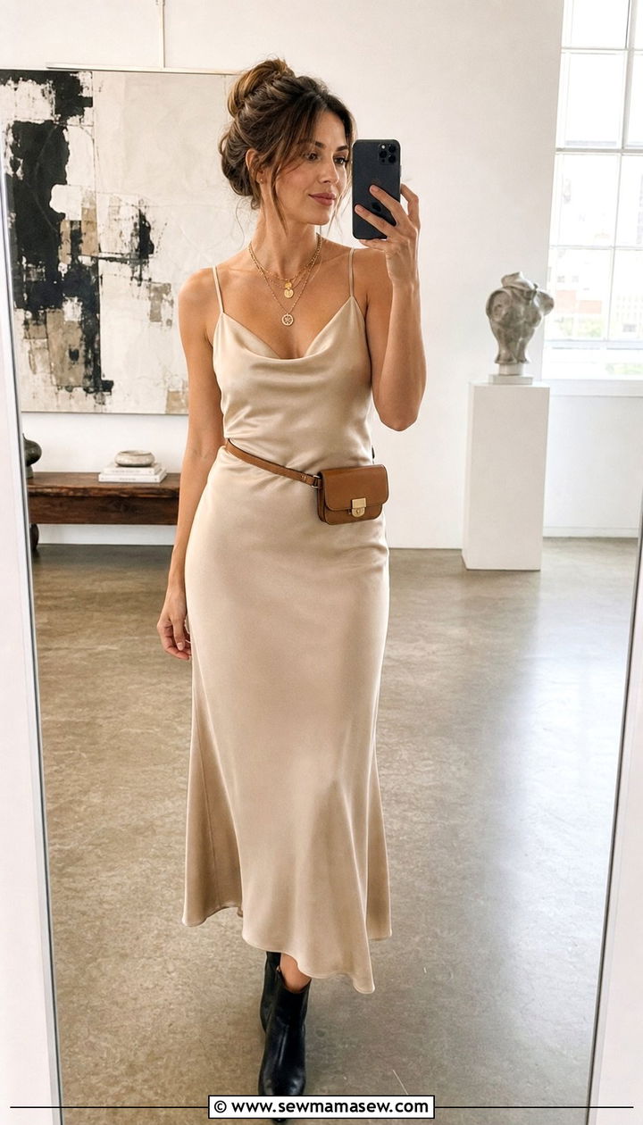 Belt bag with slip dress and ankle boots - 35 Belt bag outfit ideas