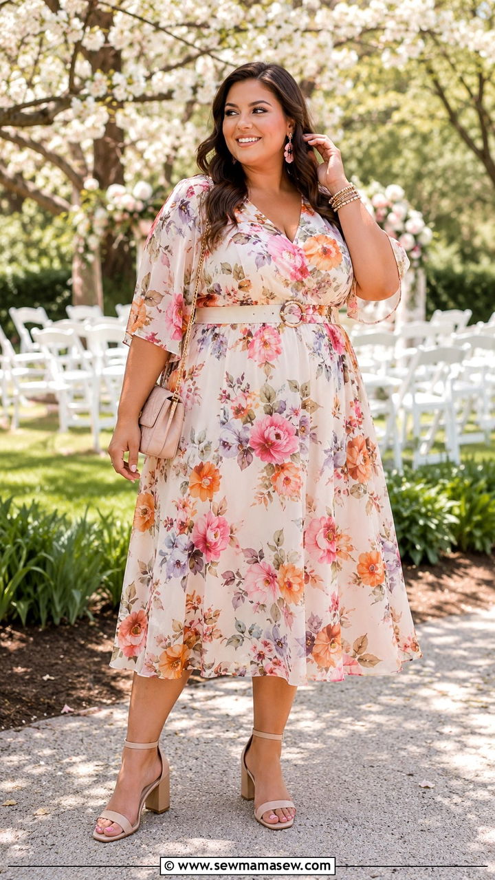 Belted A Line Midi Dress With Block Heel Sandals - 30 plus size spring wedding guest outfit ideas