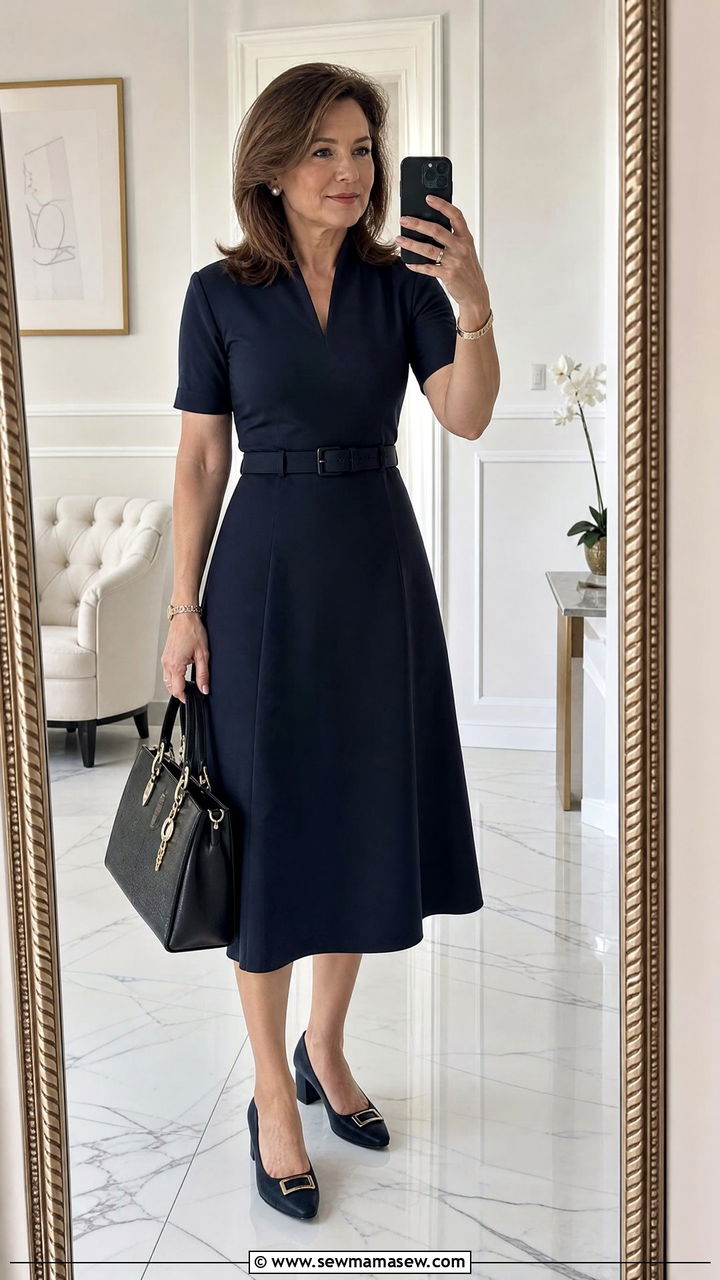 Belted A line midi dress with low pumps - 30 midi dress outfits for women over 40