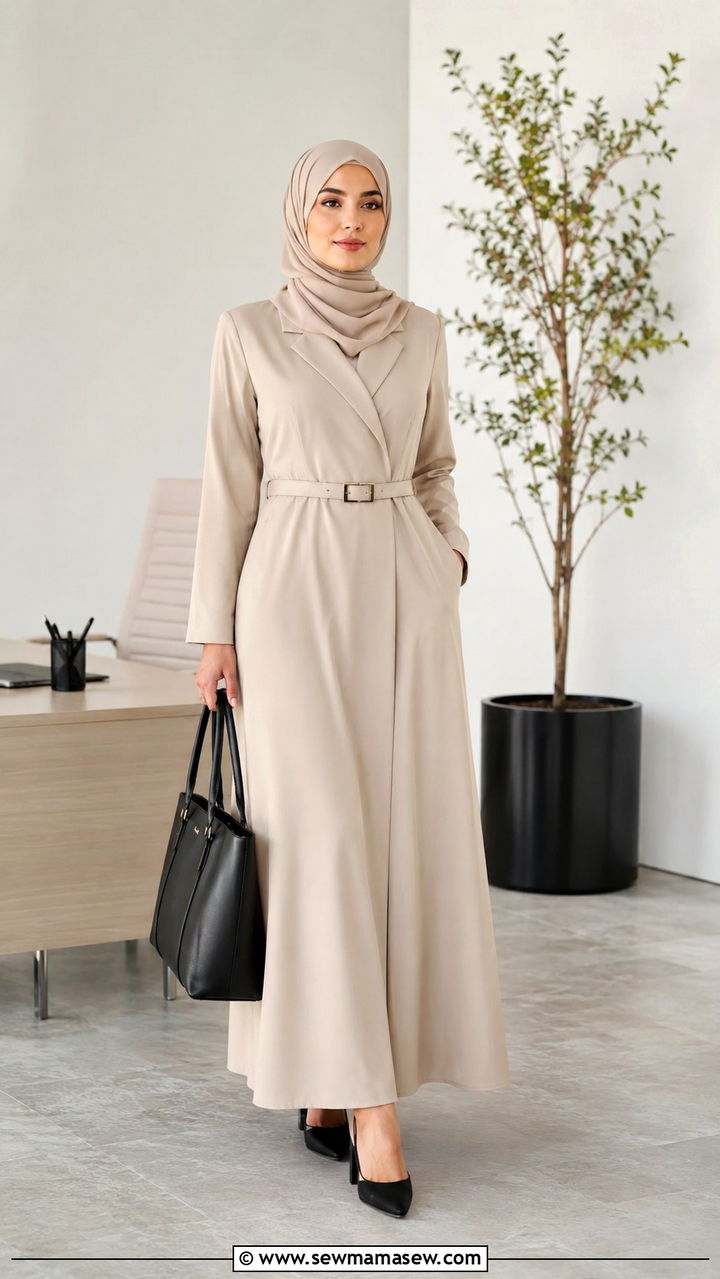 Belted Abaya with Block Heels and Leather Tote - 25 work outfits for hijab women