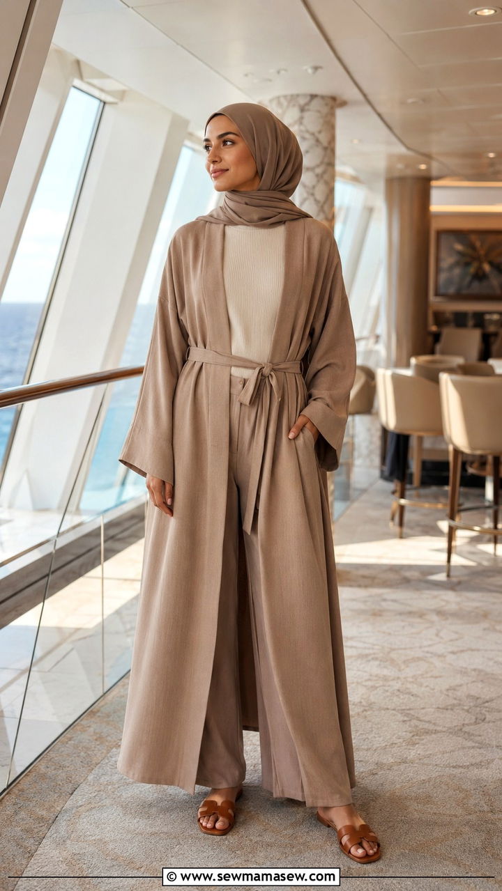 Belted Abaya with Loose Trousers - 30 modest cruise outfit ideas