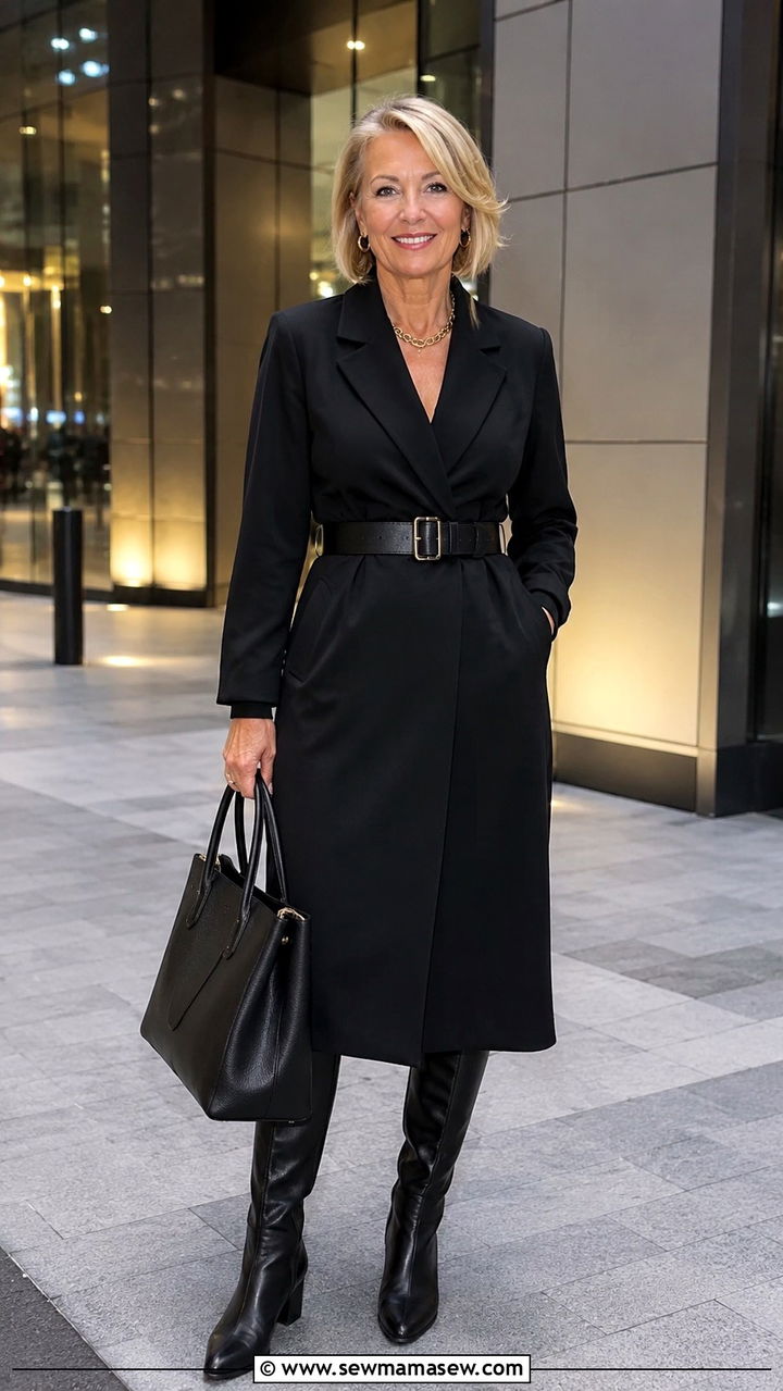 Belted Blazer Dress with Knee High Boots - 25 Outfit ideas for rectangle over 50