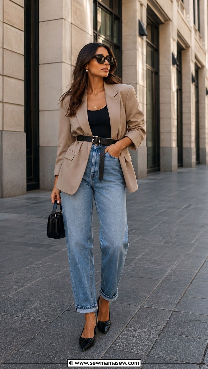 Belted Blazer With Boyfriend Jeans Outfit - 25 Boyfriend jeans outfit ideas with a blazer