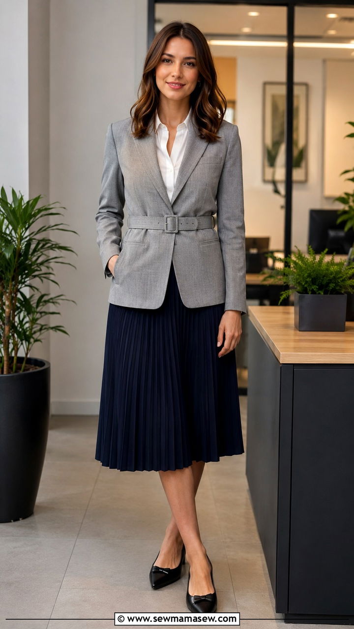 Belted Blazer With Pleated Skirt And Pointed Toe Flats - 30 Pleated skirt outfit ideas with a blazer