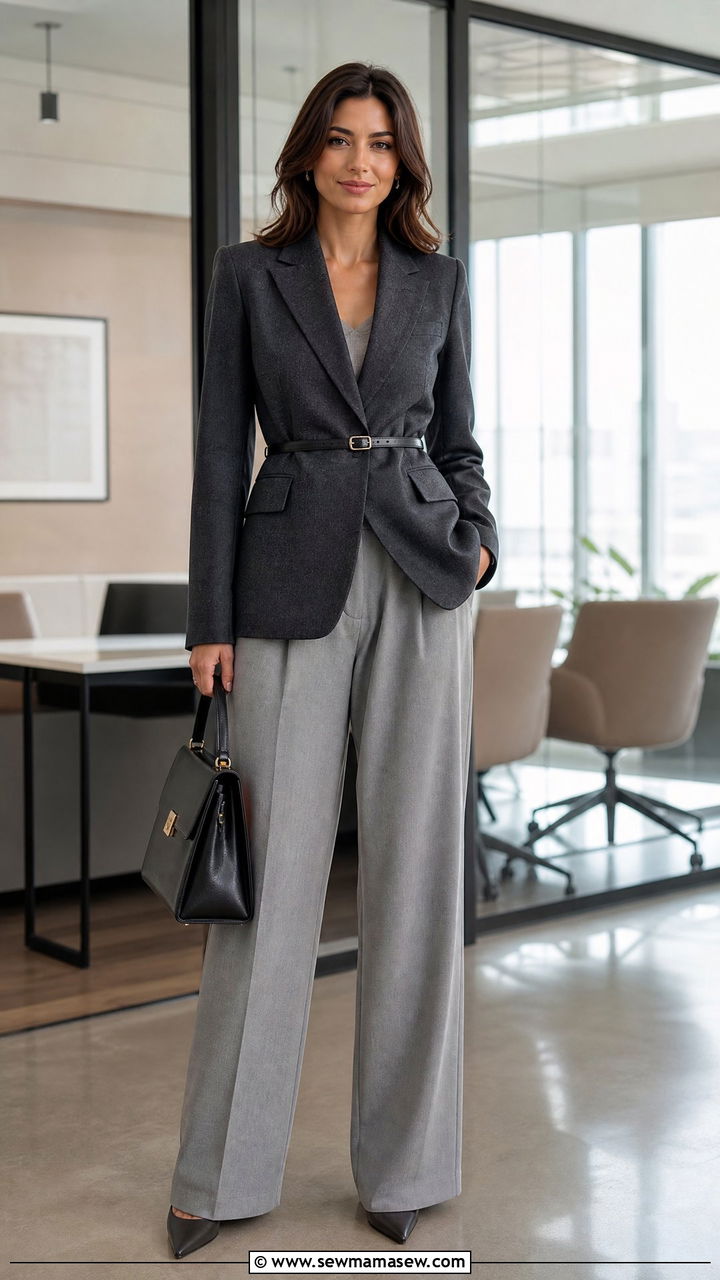 Belted Blazer With Pleated Trousers Outfit - 25 Outfit ideas for broad shoulders to balance