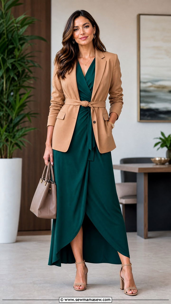 Belted Blazer With Wrap Maxi Dress And Block Heel Sandals - 30 Maxi dress outfit ideas with a blazer