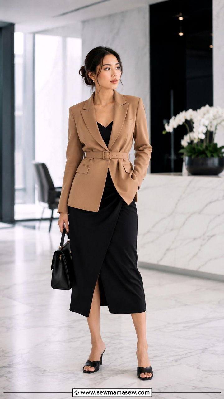 Belted Blazer With Wrap Midi Skirt And Heeled Mules - 25 Petite outfit ideas with midi skirt